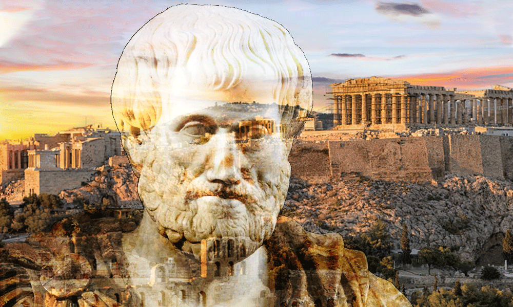 "Harry Stodt ou Aristote et laisse", d'après un buste d'Aristote, sur fond d'Athènes antique. --- 25xe