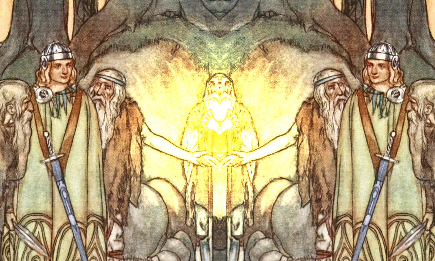 Les Fianna sont un peuple de chasseurs guerriers de l'antique Ecosse. Ici, Fionn MacCumhaill est accueilli dans le Sidh - d'après Stephen Reid --- 25xe